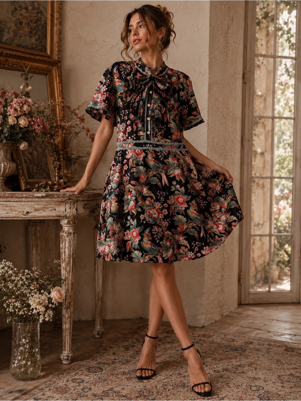 NWT Dalia MacPhee Tie Neck Floral Mini Dress with Lace Trim Size Large